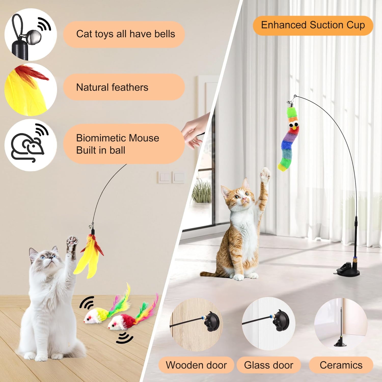 PayUSD 4-in-1 Interactive Cat Feather Toys, 12Pcs Durable Fishing Pole Cat Feather Toy Replacements, Enhanced Suction Cup Cat Wand Toy, 2 Types Door Hanging Cat String Toy for Indoor Kitten Cats