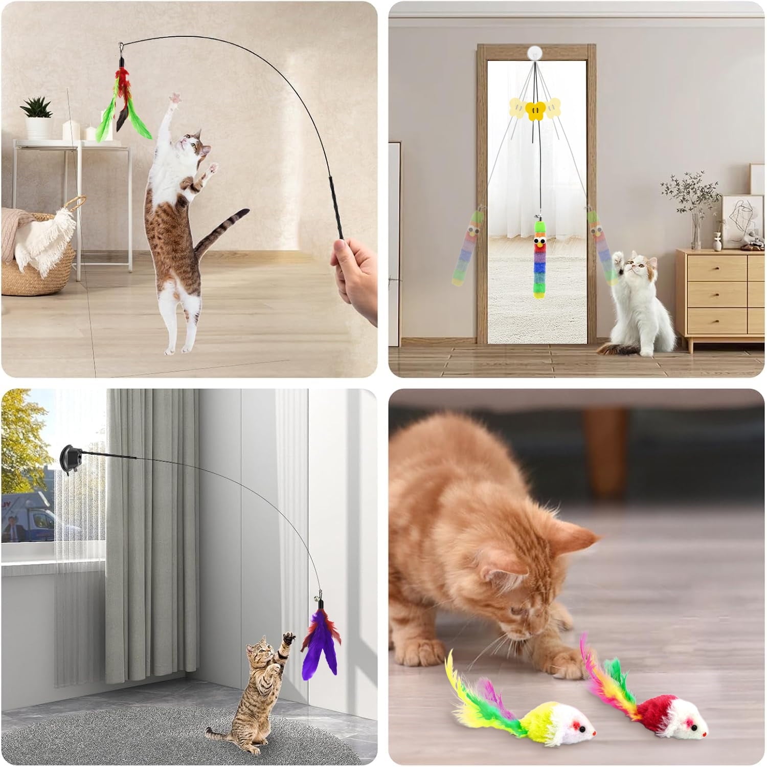 PayUSD 4-in-1 Interactive Cat Feather Toys, 12Pcs Durable Fishing Pole Cat Feather Toy Replacements, Enhanced Suction Cup Cat Wand Toy, 2 Types Door Hanging Cat String Toy for Indoor Kitten Cats