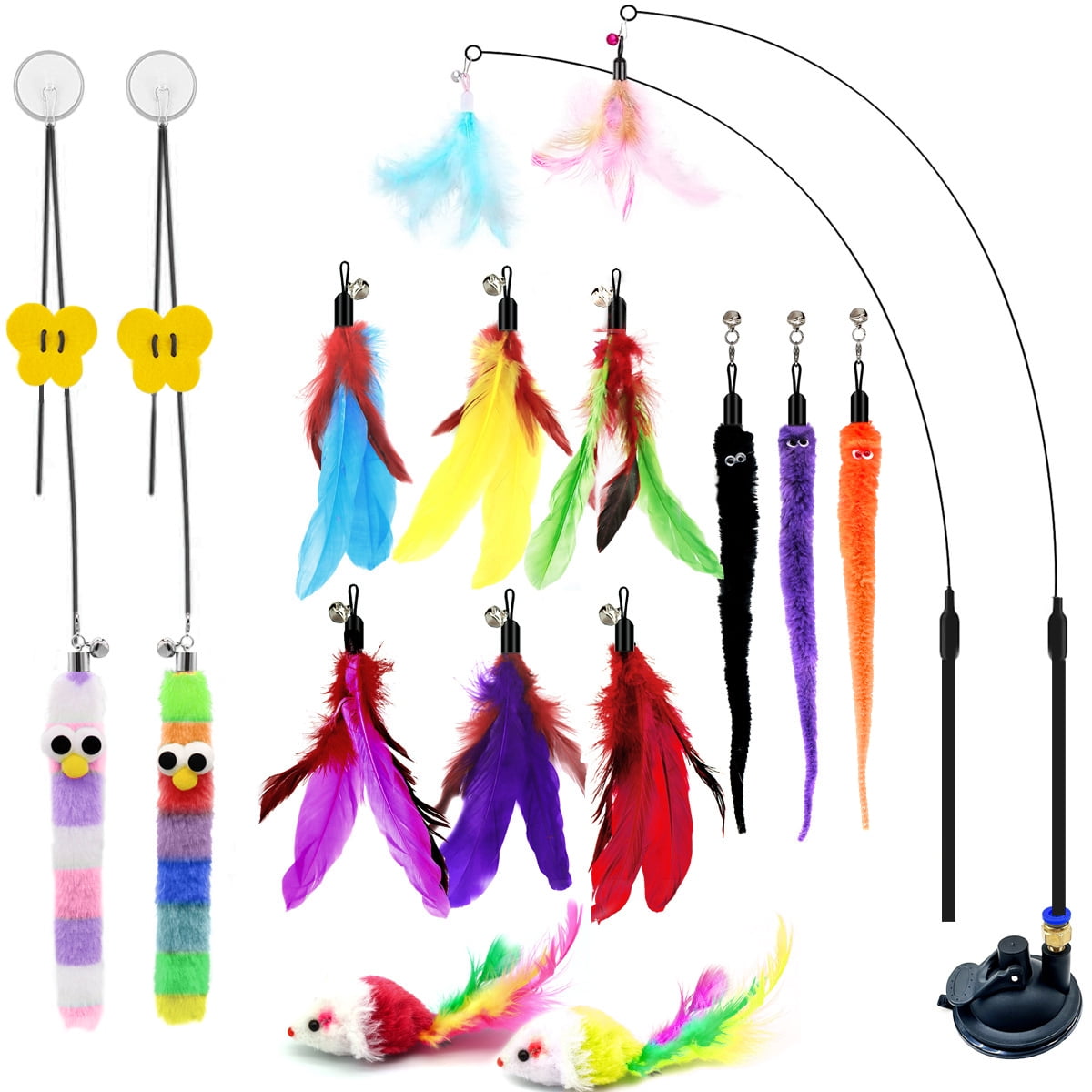 PayUSD 4-in-1 Interactive Cat Feather Toys, 12Pcs Durable Fishing Pole Cat Feather Toy Replacements, Enhanced Suction Cup Cat Wand Toy, 2 Types Door Hanging Cat String Toy for Indoor Kitten Cats