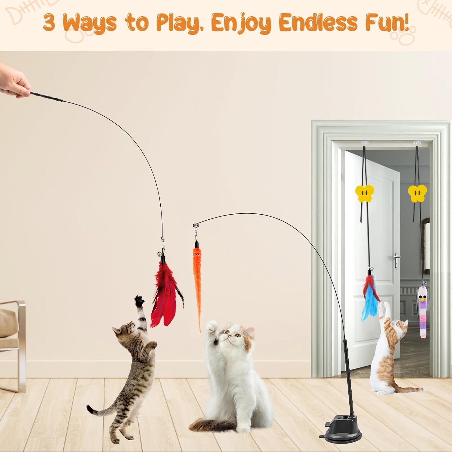 PayUSD 4-in-1 Interactive Cat Feather Toys, 12Pcs Durable Fishing Pole Cat Feather Toy Replacements, Enhanced Suction Cup Cat Wand Toy, 2 Types Door Hanging Cat String Toy for Indoor Kitten Cats